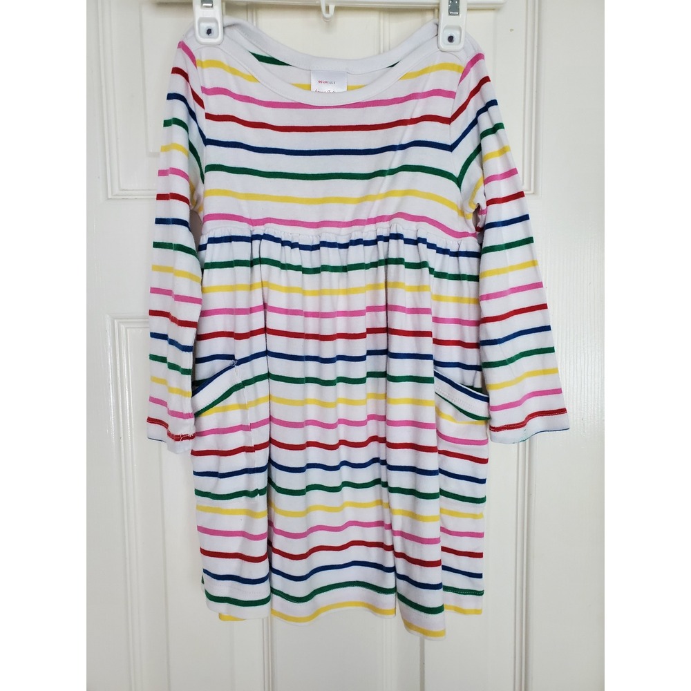 Hanna Andersson Dress White Rainbow Stripe Long Sleeve Pocket Play Dress 90cm 3T